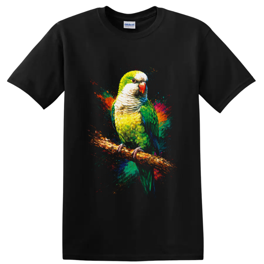 Monk parakeet portrait on branch with vibrant abstract paint splashes on a Black T Shirt