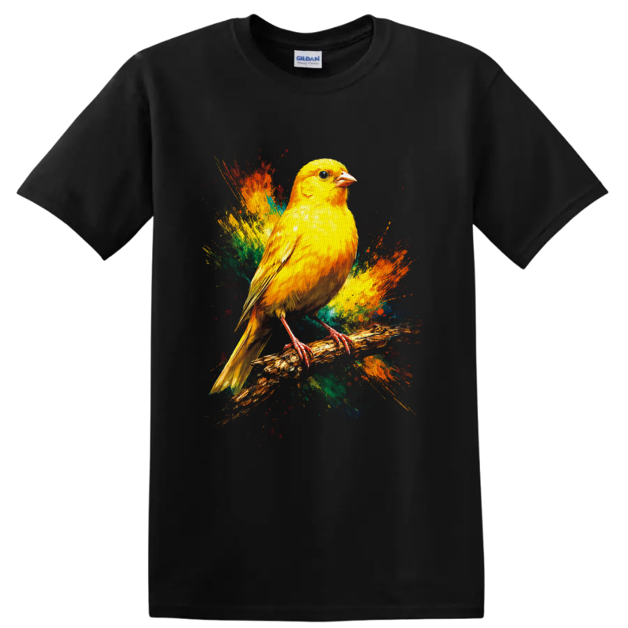 Yellow canary perched on a branch with colorful paint splash art on a Black T Shirt