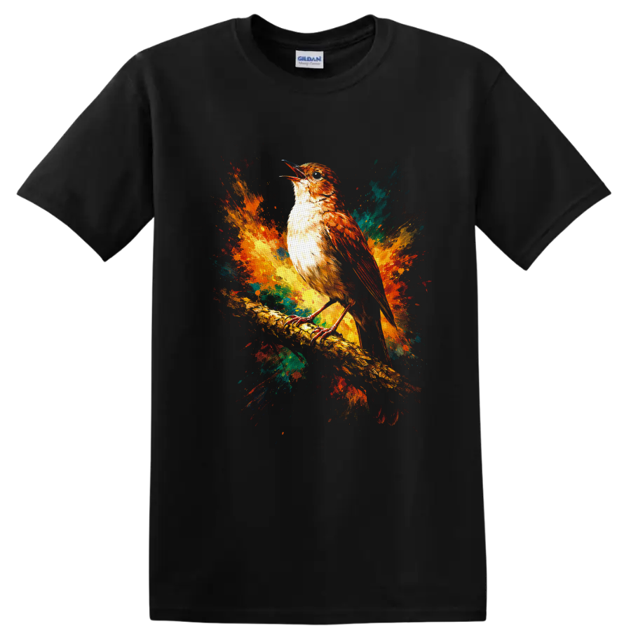 Perched songbird on a branch with colorful watercolor paint splashes on a Black T Shirt