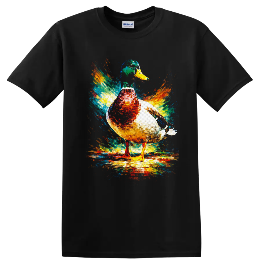 Painterly mallard duck with vibrant abstract color splash brushstrokes on a Black T Shirt