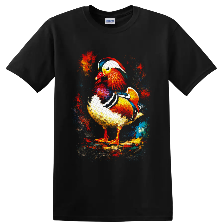 Painterly Mandarin duck with vivid red, gold, teal, and blue abstract splashes on a Black T Shirt
