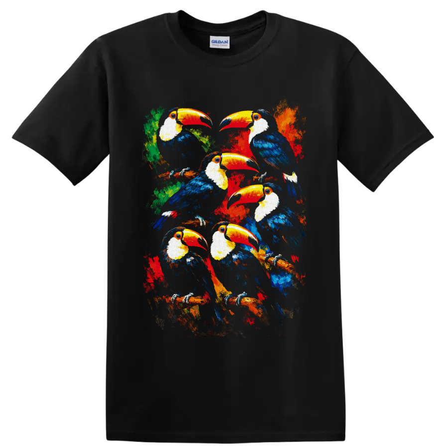 Painterly flock of six toucans on branches with vibrant tropical foliage on a Black T Shirt