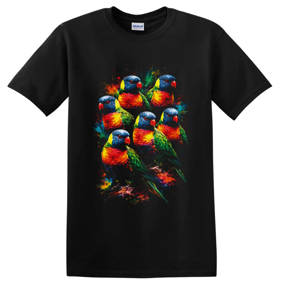Six rainbow lorikeet parrots in colorful paint-splatter wildlife art on a Black T Shirt