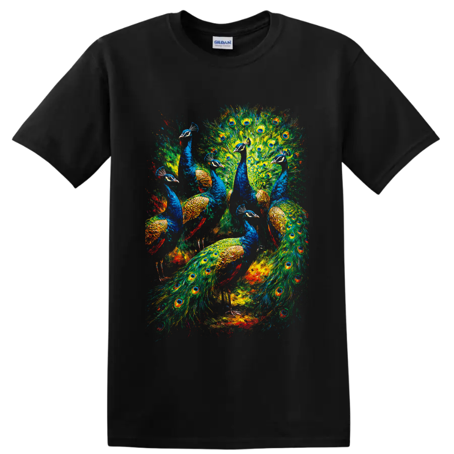Colorful painterly peacock flock with blue birds and eye-spotted feather fans on a Black T Shirt