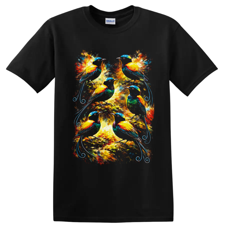 Six colorful birds in a radiant tree with painterly foliage and blue scrollwork on a Black T Shirt
