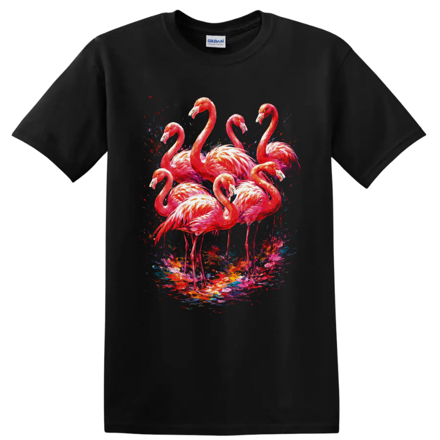 Painterly pink flamingo flock with vivid abstract tropical paint splashes on a Black T Shirt