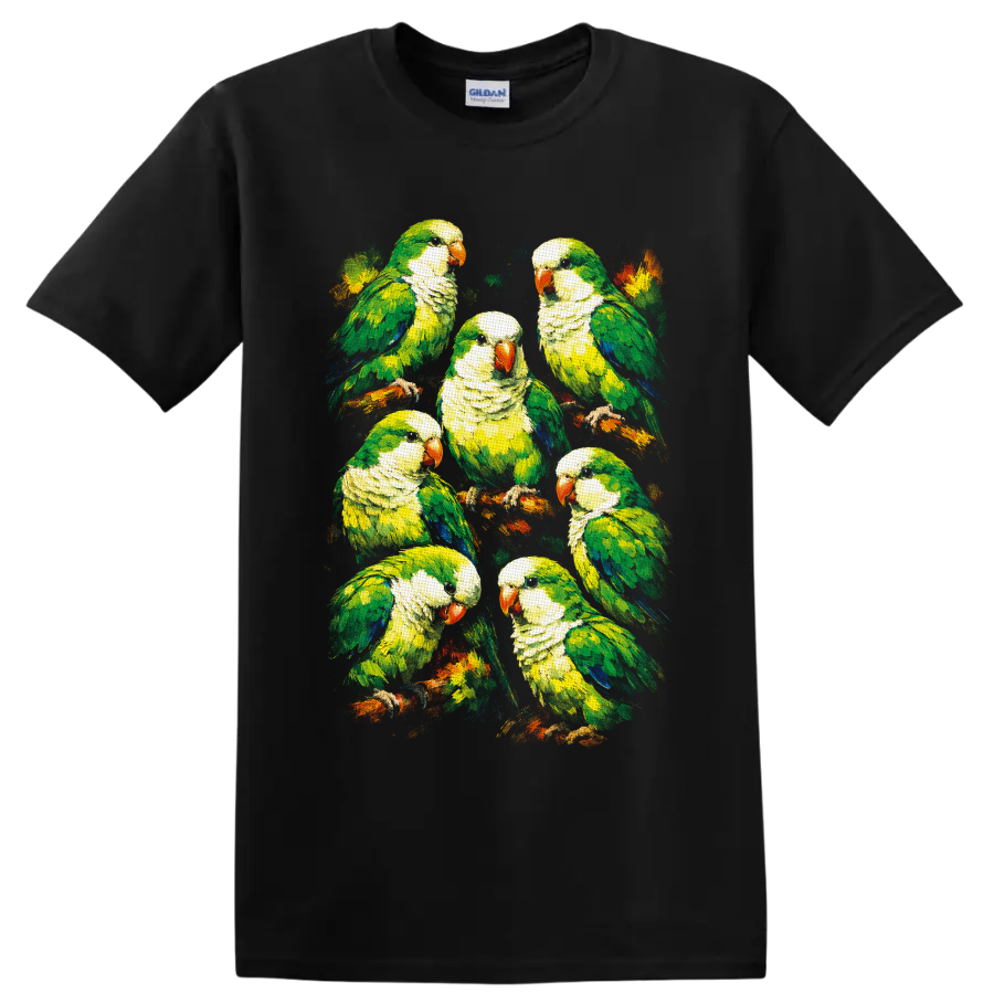 Painterly flock of seven green monk parakeets perched on colorful branches on a Black T Shirt