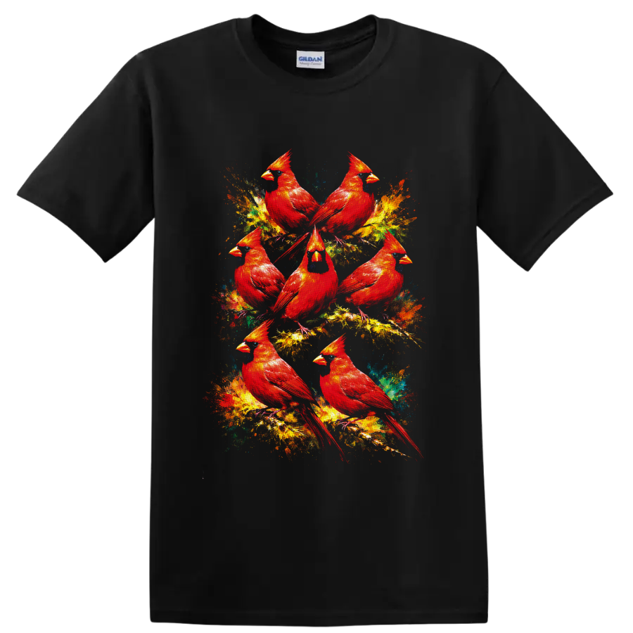 Seven red cardinals in colorful painterly wildlife art with abstract paint splashes on a Black T Shirt