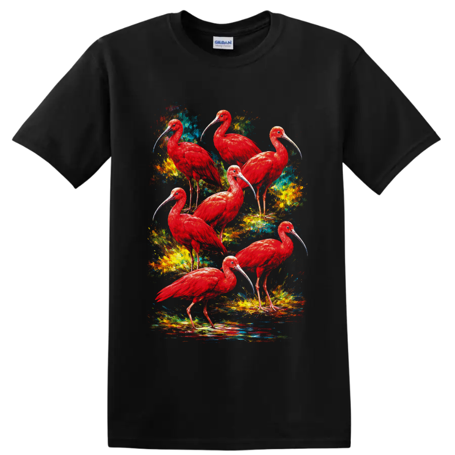Seven scarlet ibis birds in colorful tropical watercolor splatter art on a Black T Shirt