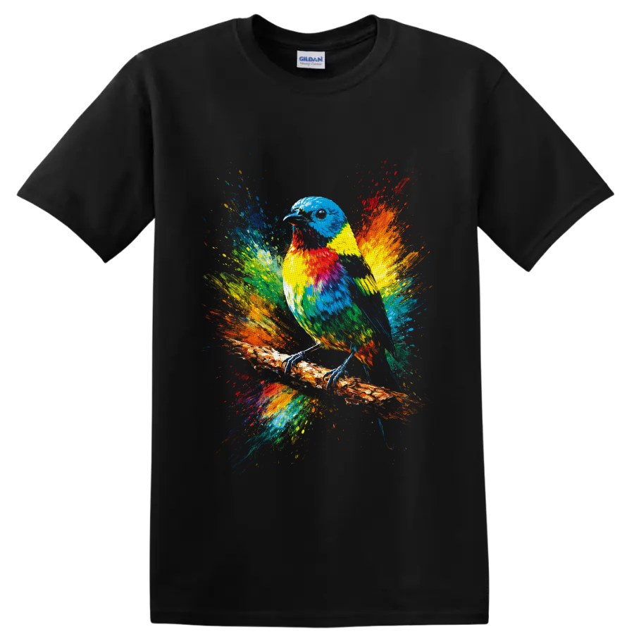 Colorful bird on a branch with vibrant rainbow paint splashes on a Black T Shirt