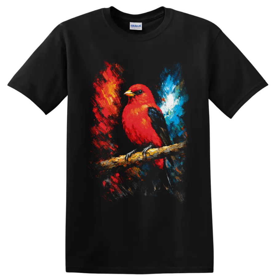 Red cardinal perched on a branch in colorful expressive painterly wildlife art on a Black T Shirt