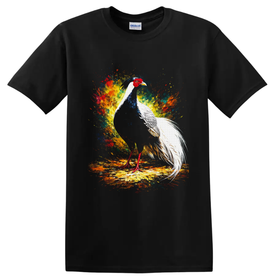 Silver pheasant with long white tail in colorful paint splash wildlife art on a Black T Shirt