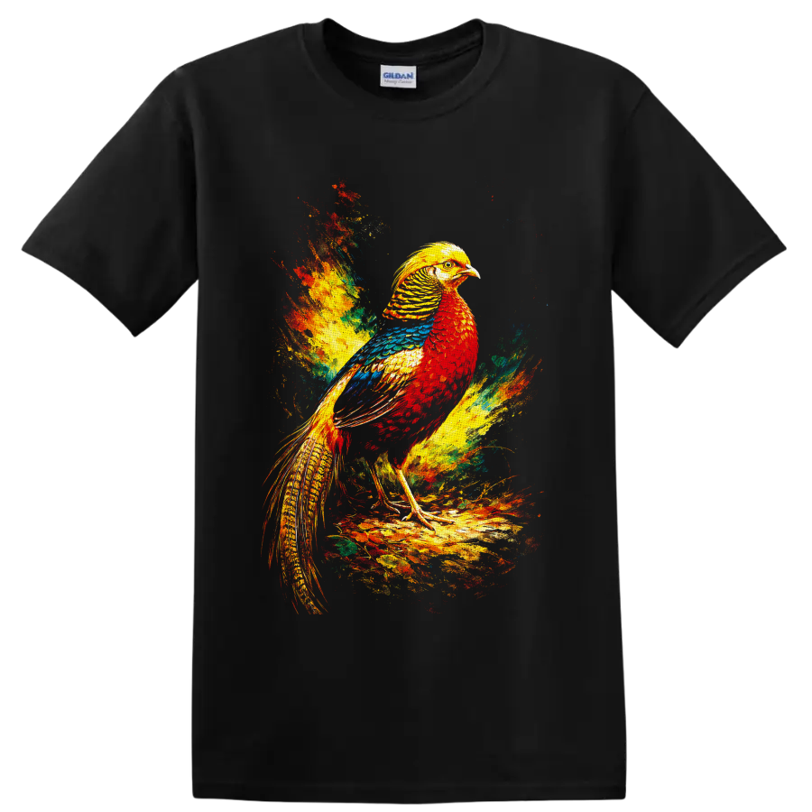 Colorful long-tailed bird in vibrant red, yellow, blue, and green paint splash art on a Black T Shirt