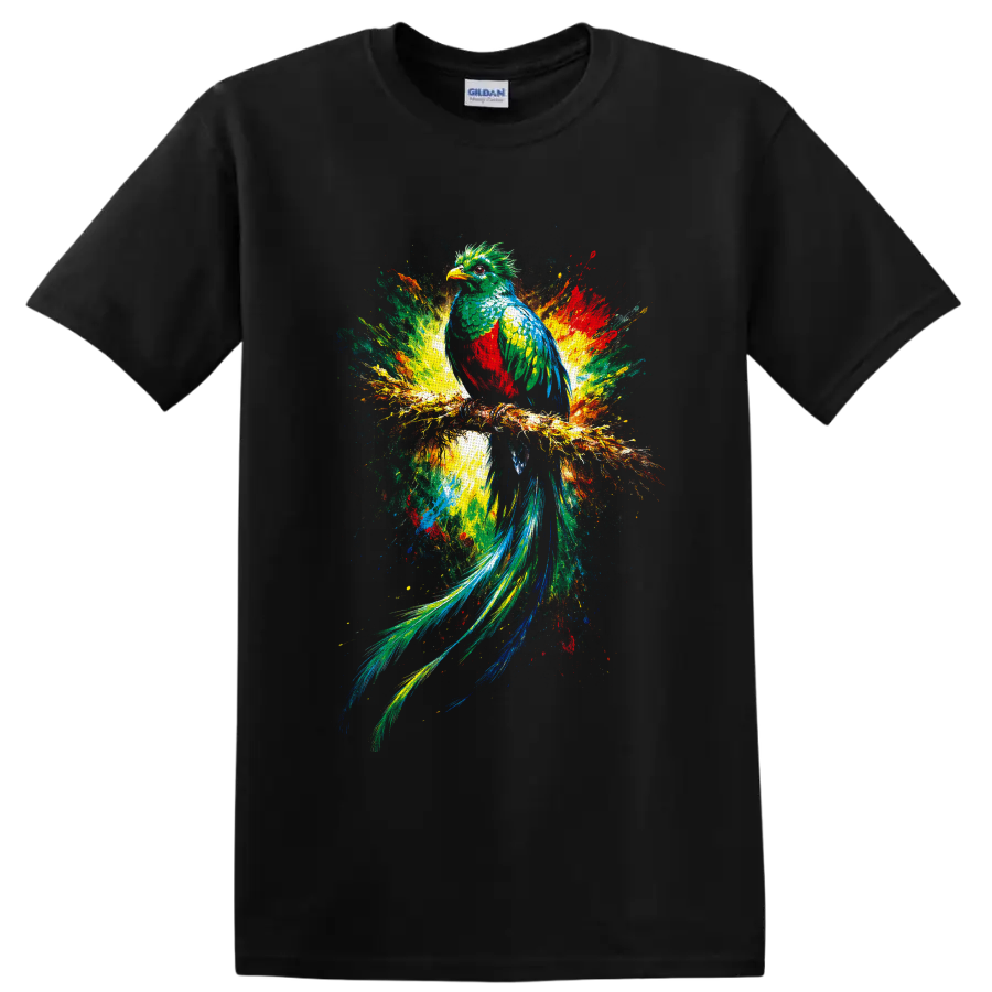 Colorful quetzal bird perched on a branch in vibrant tropical splash-art on a Black T Shirt