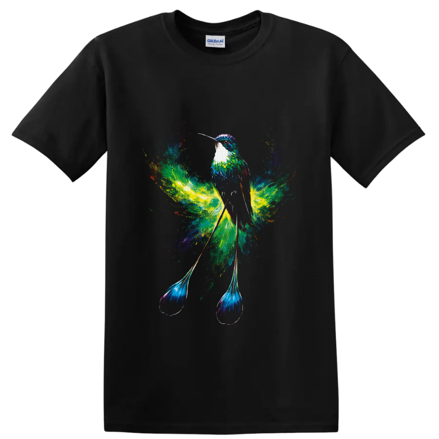Colorful hummingbird with flowing tail feathers in a vibrant watercolor splash design on a Black T Shirt