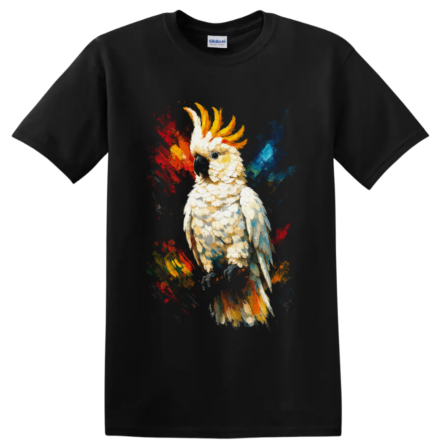 White cockatoo with golden crest in colorful textured watercolor splash art on a Black T Shirt