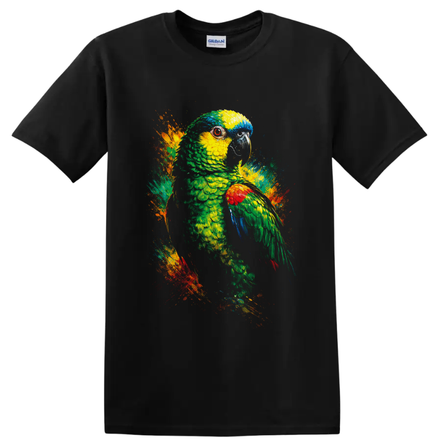 Colorful parrot portrait with tropical paint splashes in a vivid painterly style on a Black T Shirt