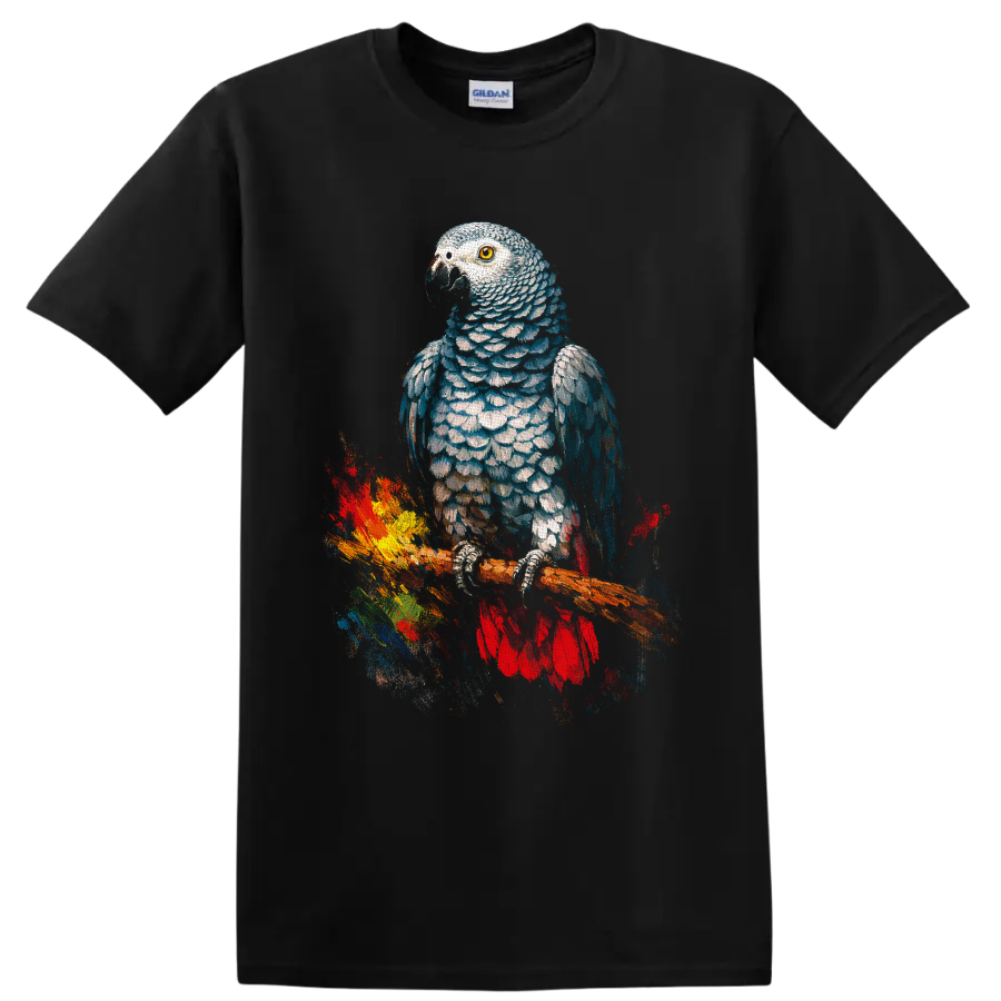 African grey parrot watercolor-style portrait perched on a branch with colorful paint on a Black T Shirt