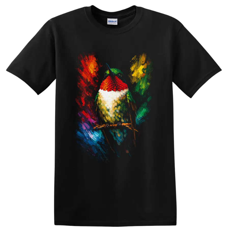 Colorful painterly hummingbird perched on a branch with abstract tropical brushstrokes on a Black T Shirt