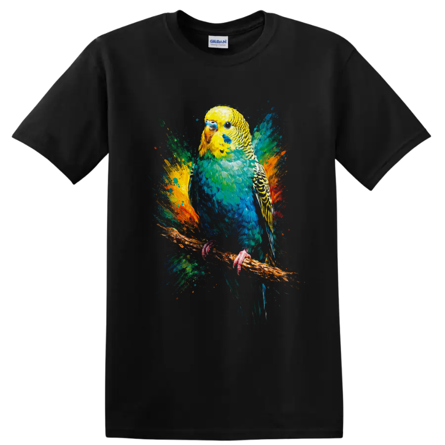 Color splash painting of a yellow and blue budgerigar perched on a branch on a Black T Shirt