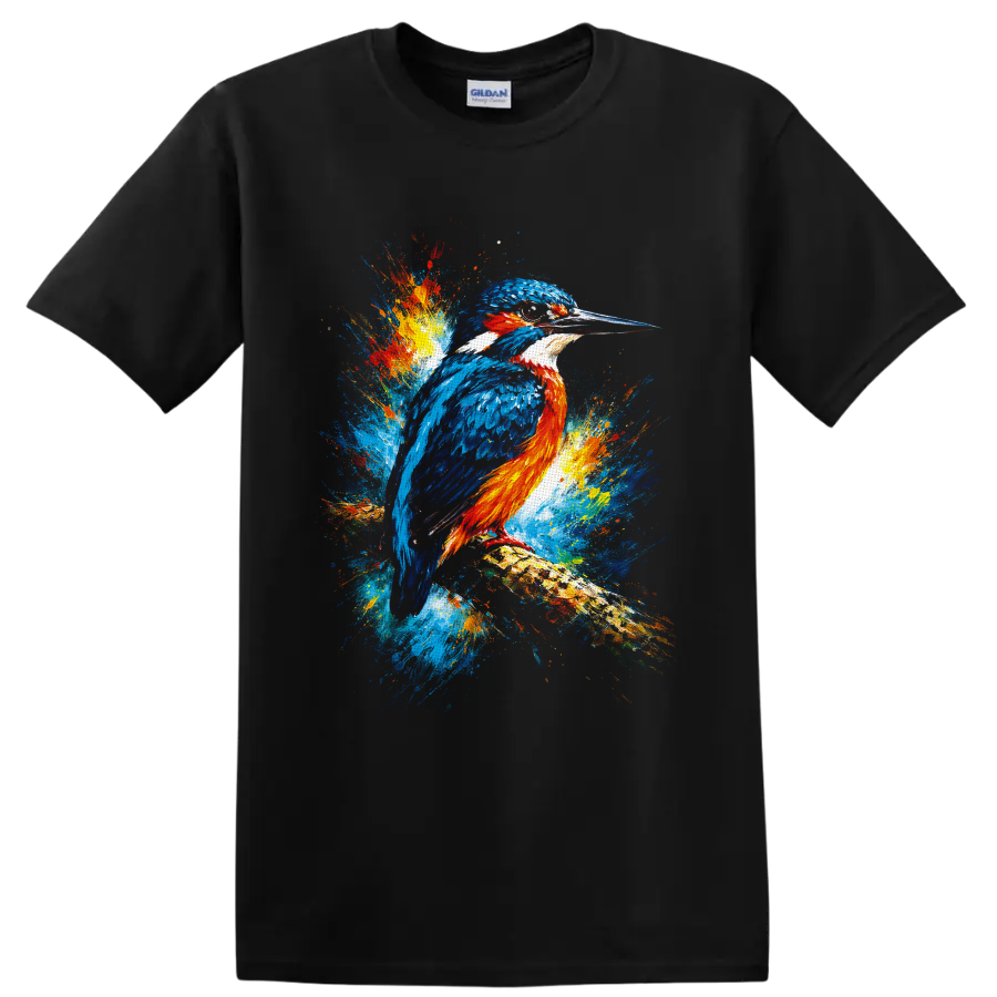 Blue and orange kingfisher perched on a branch in vibrant multicolor splash art on a Black T Shirt