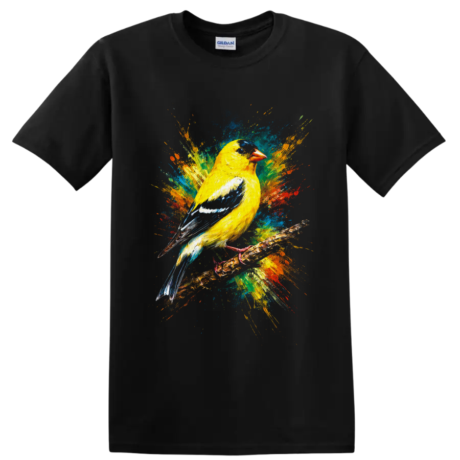 American goldfinch perched on a branch with vibrant abstract paint splashes on a Black T Shirt