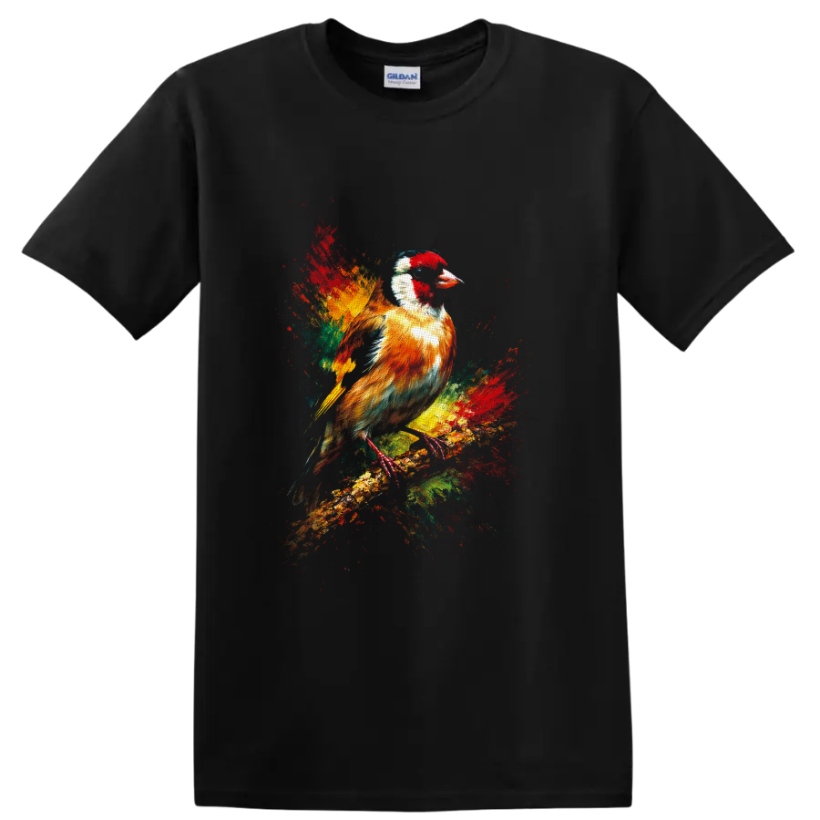 European goldfinch perched on a branch in colorful paint-splash wildlife art on a Black T Shirt