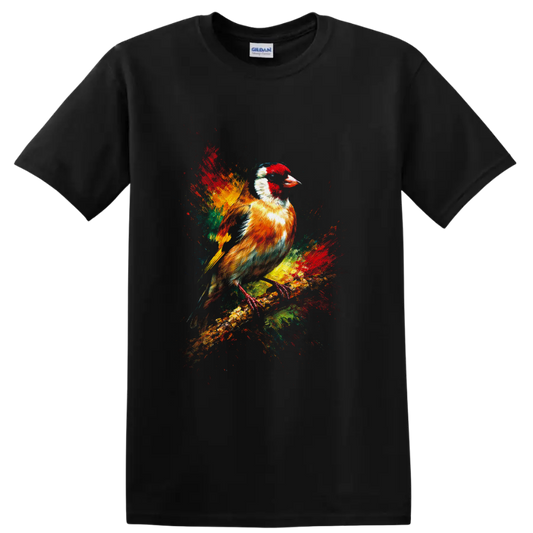 European goldfinch perched on a branch in colorful paint-splash wildlife art on a Black T Shirt