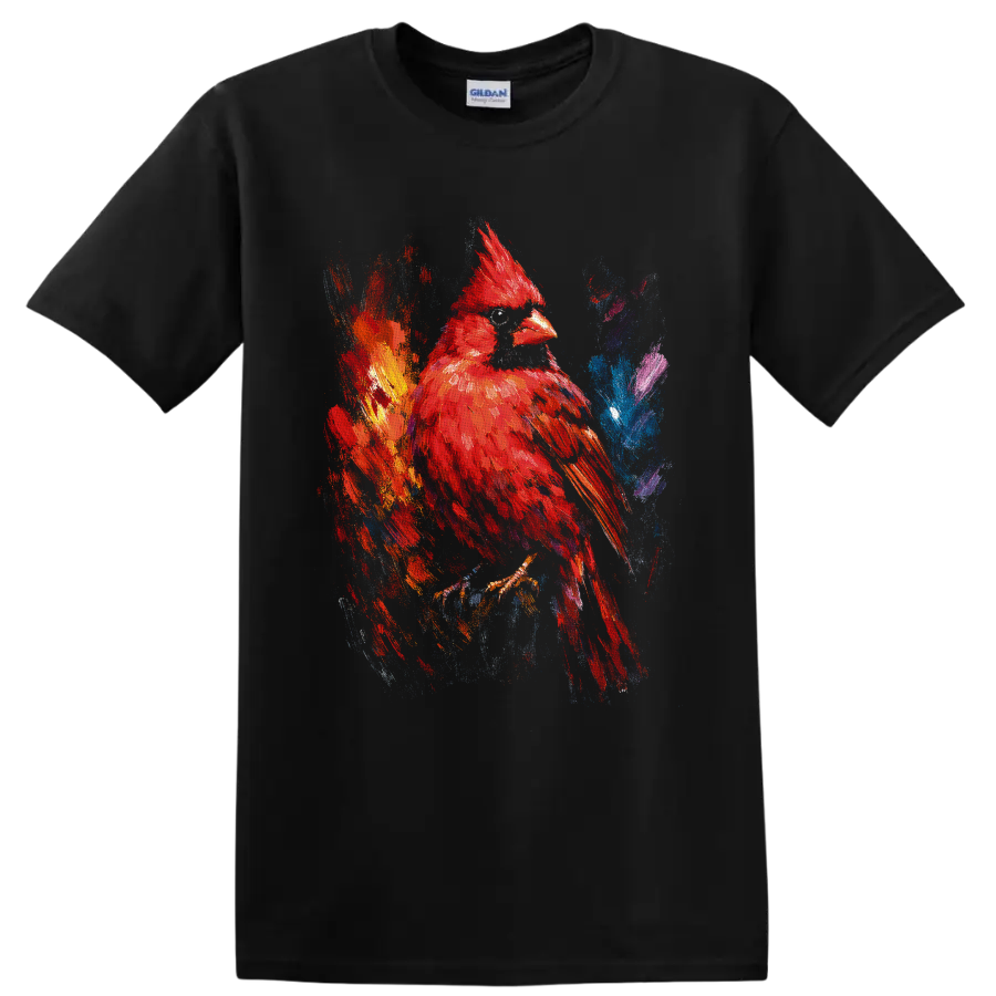 Red cardinal in colorful abstract paint splash wildlife art on a Black T Shirt