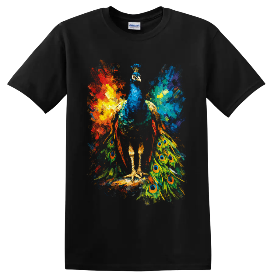 Colorful abstract painterly peacock with blue body and eye-patterned tail feathers on a Black T Shirt