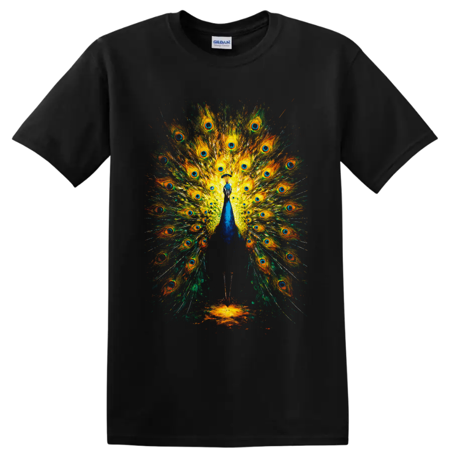 Colorful painterly peacock with a fully spread fan of eye-patterned feathers on a Black T Shirt