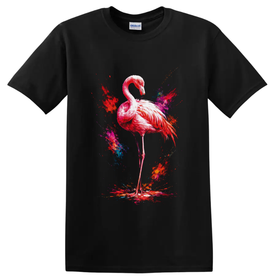 Pink flamingo in vivid abstract paint-splash art on a Black T Shirt