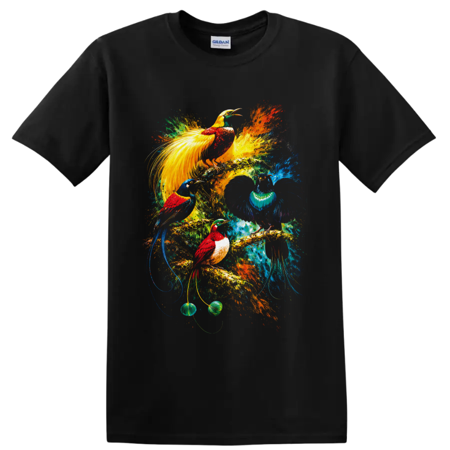 Colorful painterly tropical birds with long tails amid vibrant rainforest splashes on a Black T Shirt