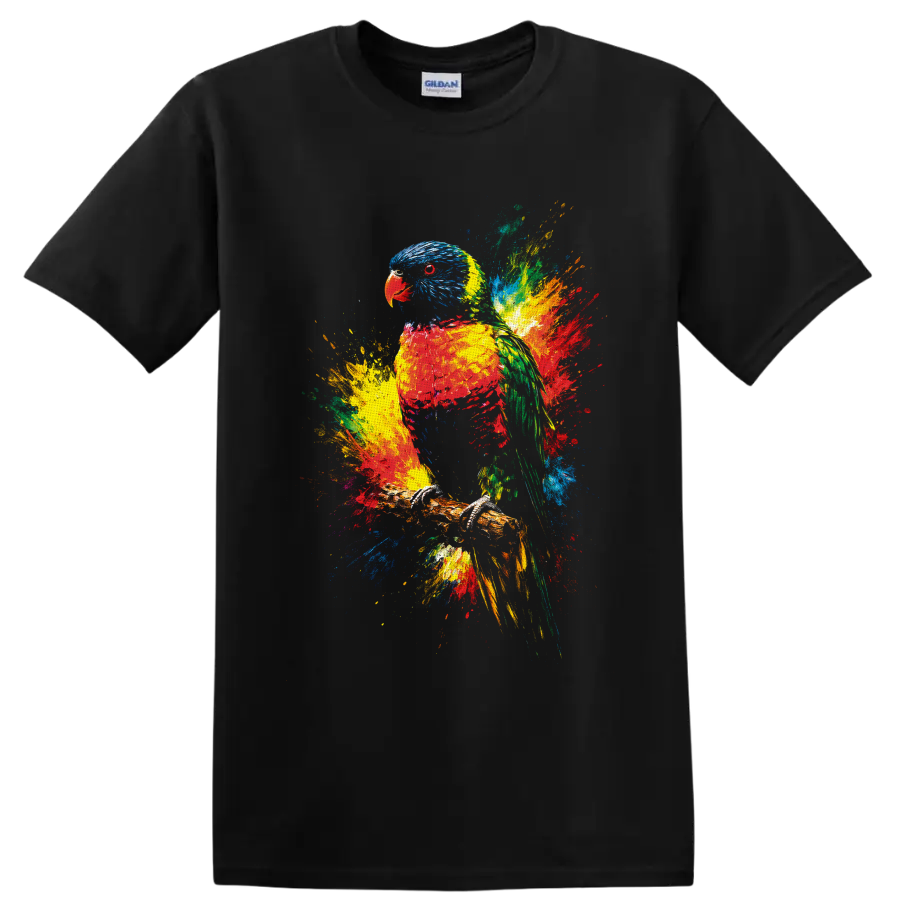 Rainbow lorikeet perched on a branch in vibrant multicolor paint-splash art on a Black T Shirt