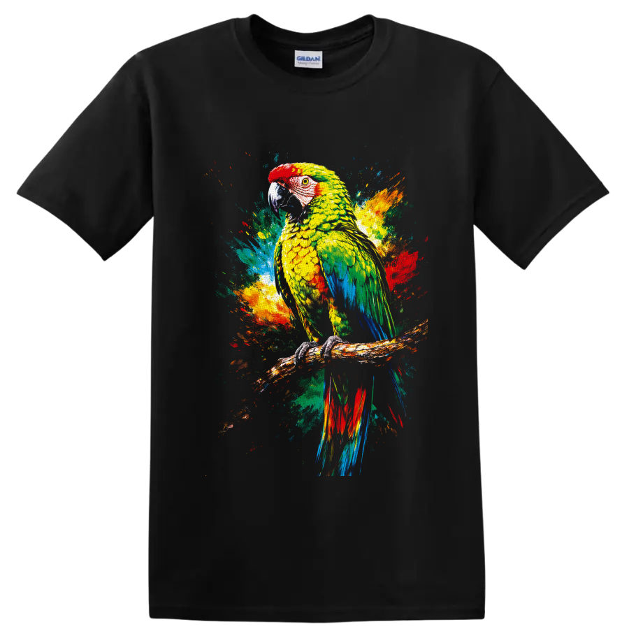 Colorful parrot wildlife art with tropical paint splashes on a branch on a Black T Shirt