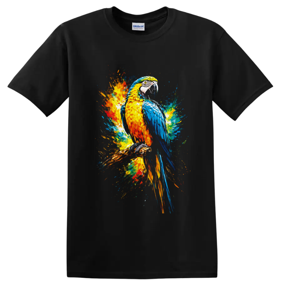 Colorful macaw parrot perched on a branch in vibrant paint splash art on a Black T Shirt