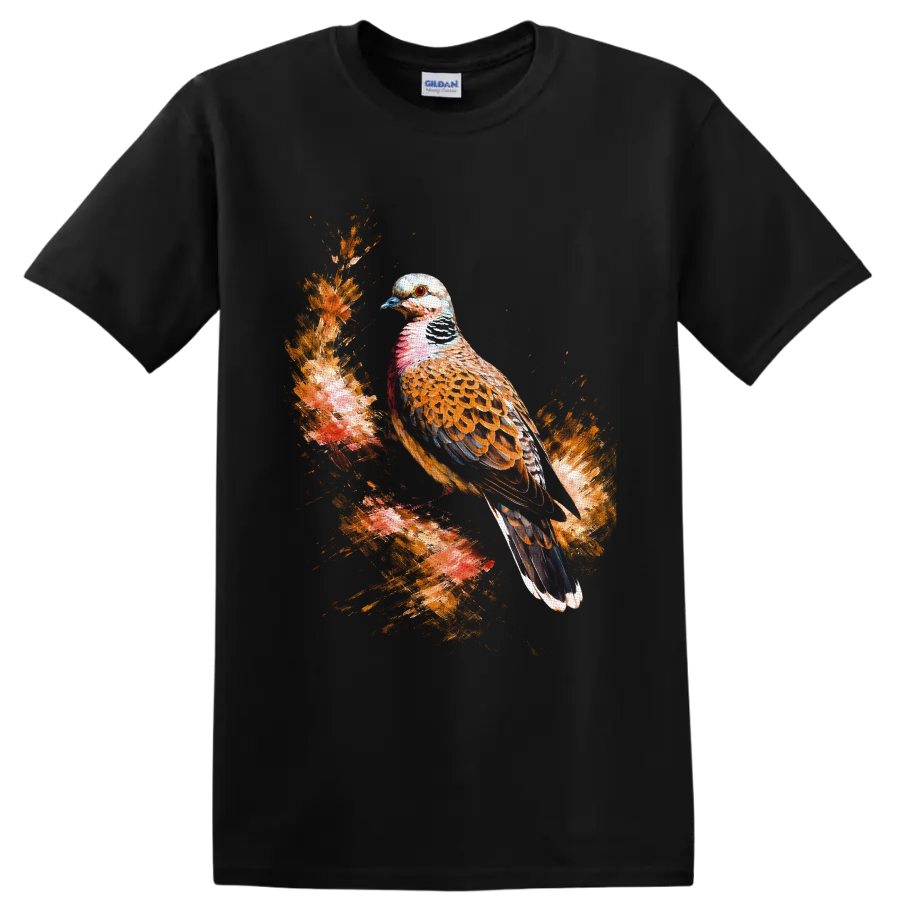 Watercolor turtle dove perched on a textured woodland branch with warm foliage on a Black T Shirt