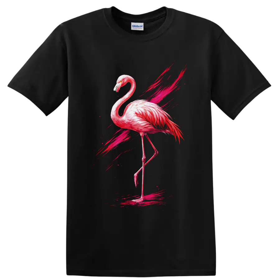 Pink flamingo in watercolor style with fuchsia brushstroke and splatter accents on a Black T Shirt