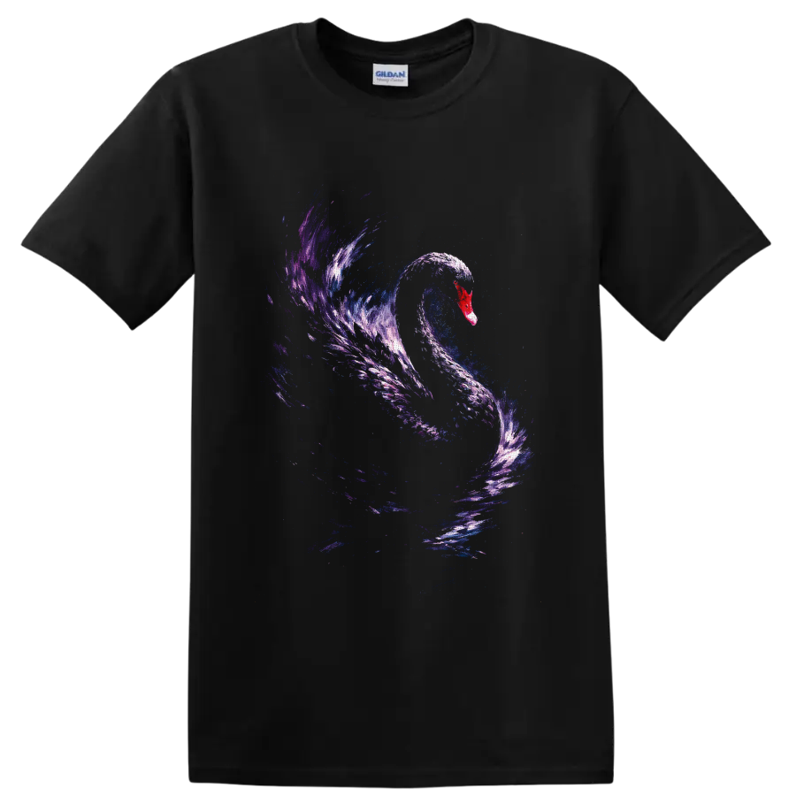 Cosmic watercolor swan with a red bill and flowing blue and purple galaxy brushstrokes on a Black T Shirt