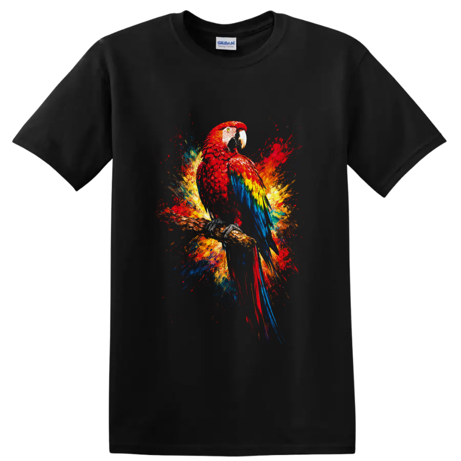 Scarlet macaw perched on a branch with colorful tropical paint-splash art on a Black T Shirt