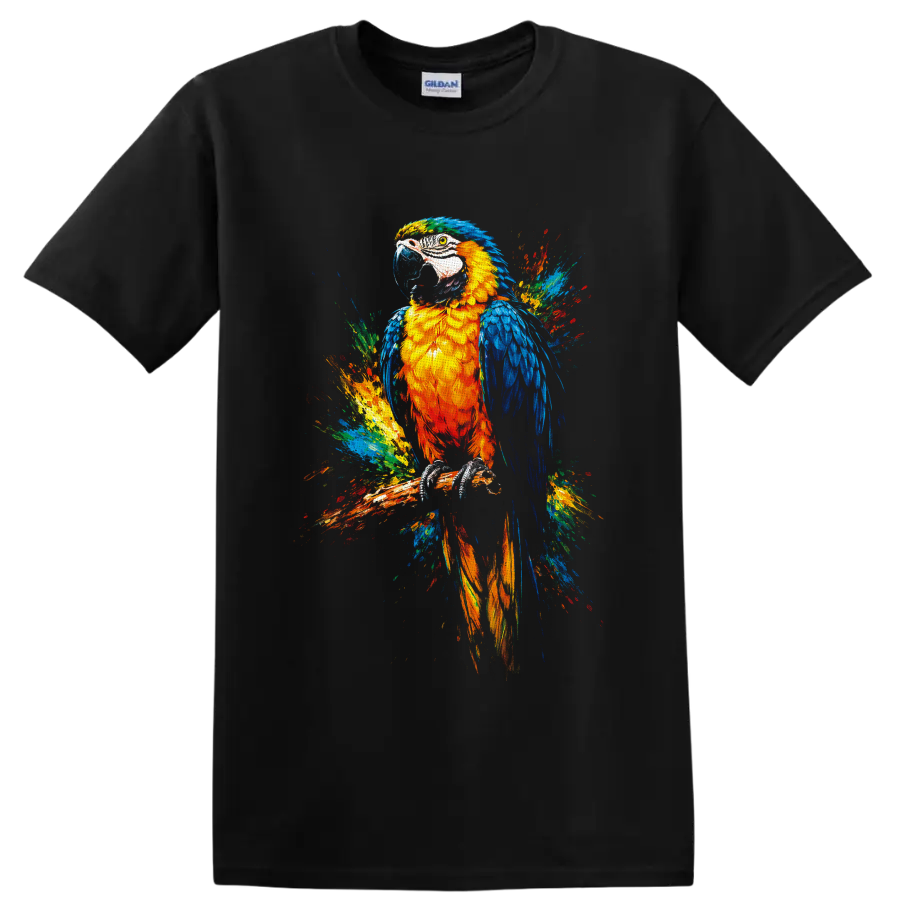 Colorful macaw parrot perched on a branch in vivid tropical paint-splash art on a Black T Shirt
