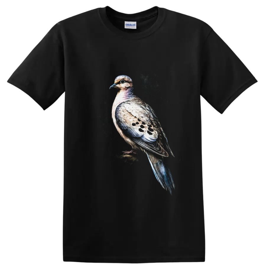 Watercolor-style mourning dove portrait with spotted wings and speckled backdrop on a Black T Shirt