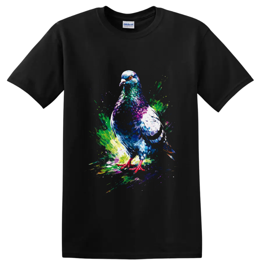 Colorful paint splash pigeon illustration with vivid layered feathers and orange eye on a Black T Shirt