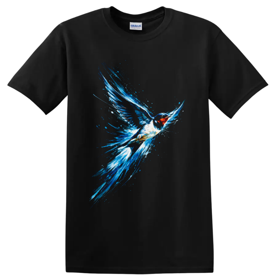 Barn swallow in flight with vivid blue watercolor splashes and a rust-red throat on a Black T Shirt