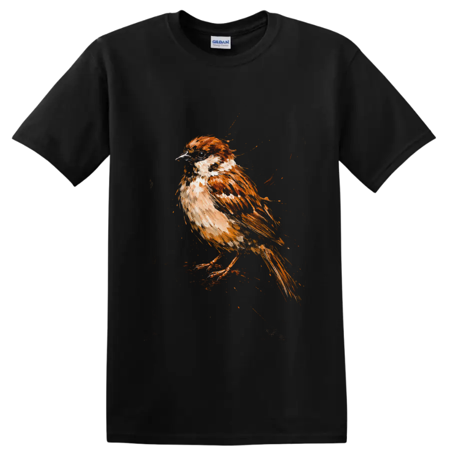 Watercolor-style house sparrow perched in warm brown and cream painterly strokes on a Black T Shirt