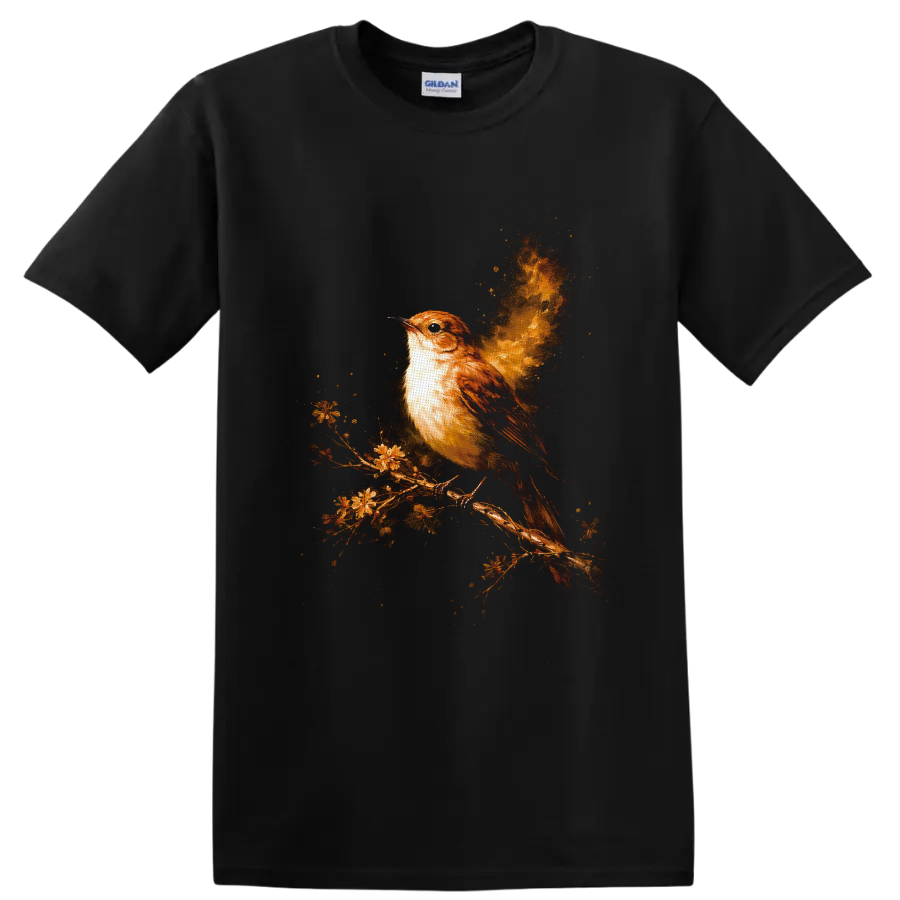 Painterly brown sparrow on a flowering branch with a glowing golden fireburst on a Black T Shirt
