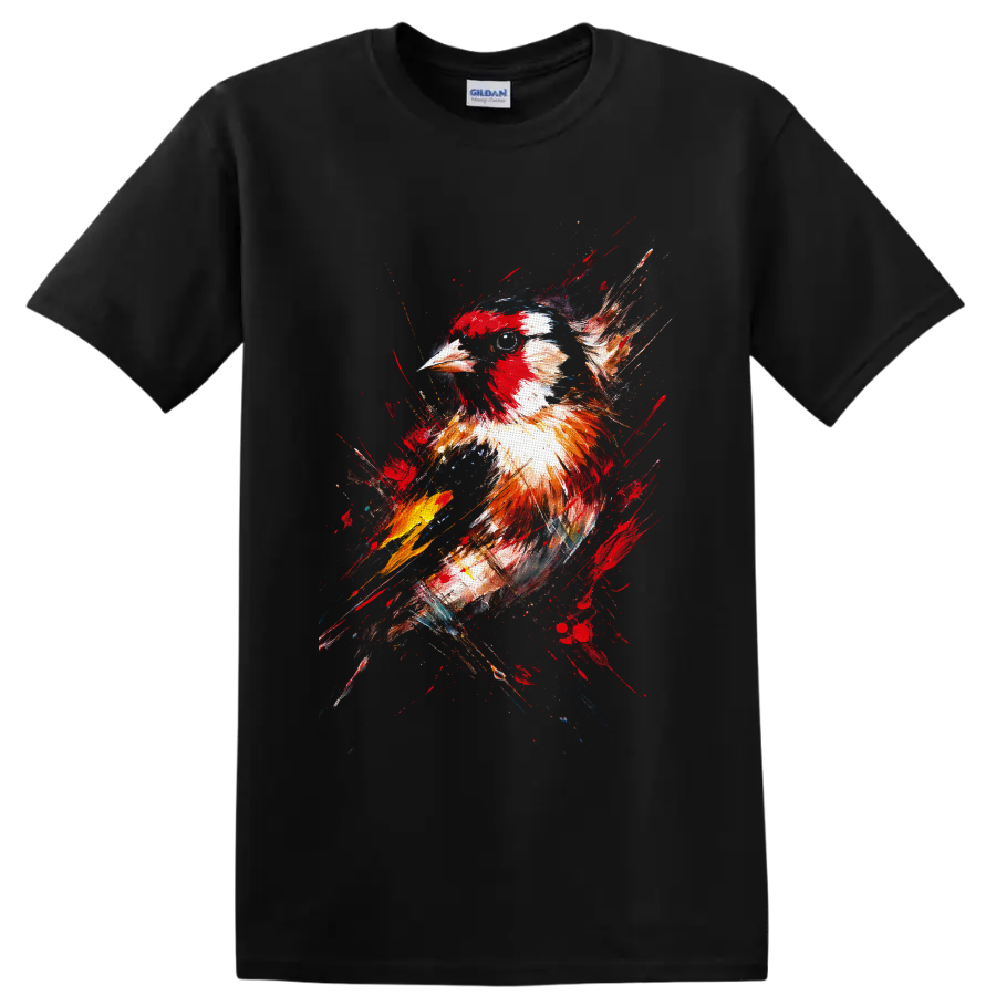Northern Cardinal portrait in expressive red and white paint-splash wildlife art on a Black T Shirt