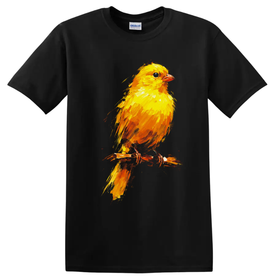 Colorful painted yellow songbird perched on a rustic branch on a Black T Shirt