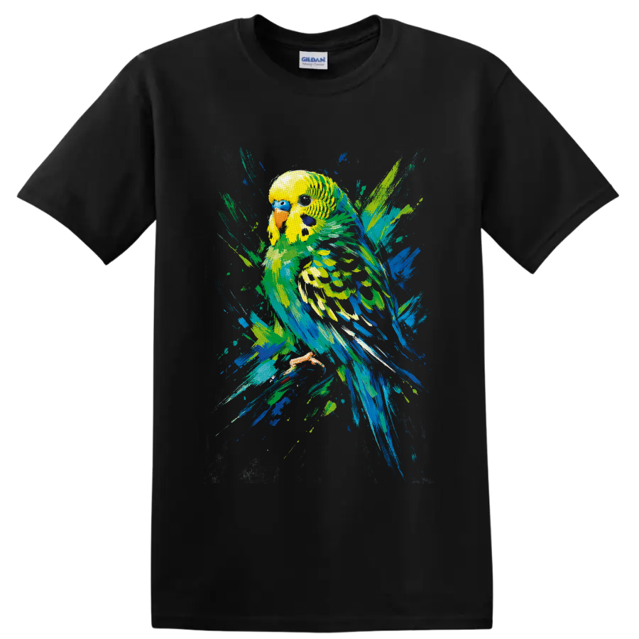 Colorful budgerigar parakeet in expressive blue, green, and yellow brushstroke art on a Black T Shirt