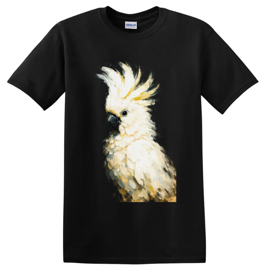 Painterly sulphur-crested cockatoo portrait with raised yellow crest on a Black T Shirt
